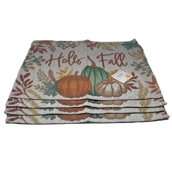 Set of 4 HELLO FALL Autumn Placemats Thanksgiving Pumpkins Tapestry Style - Picture 2 of 2